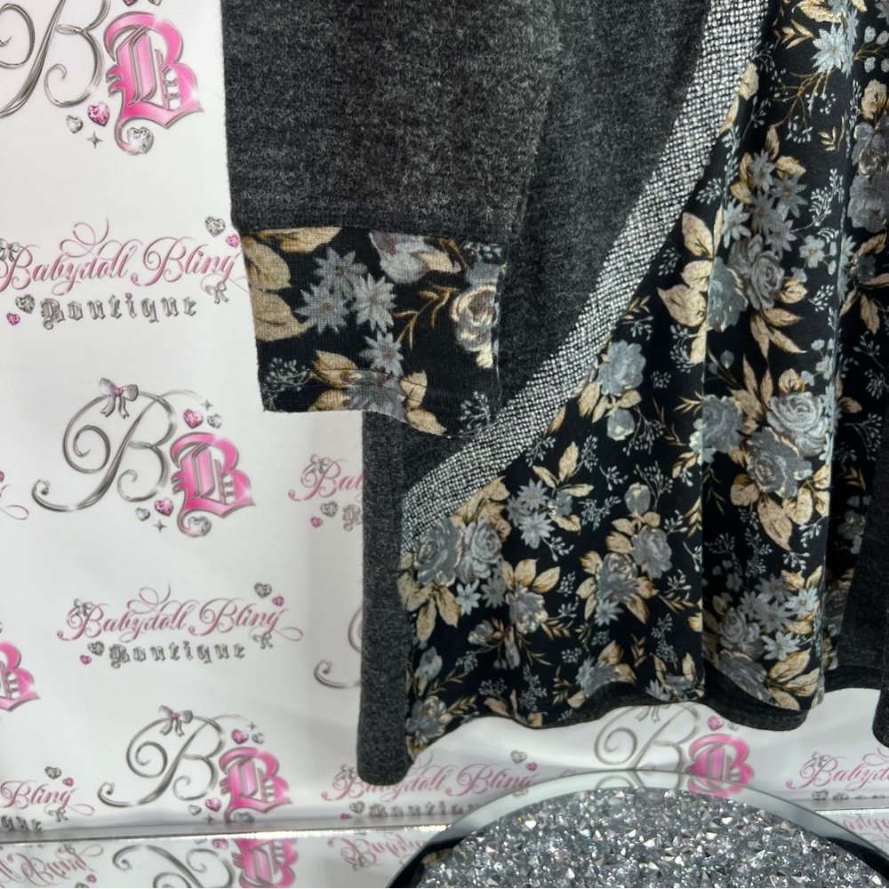 Papillon long sleeve dress flowers floral Blanc Charcoal Knit long top - Picture 5 of 9